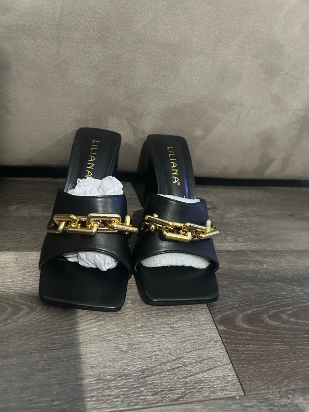 Liliana Black Slide Sandals with Gold Chain Trim